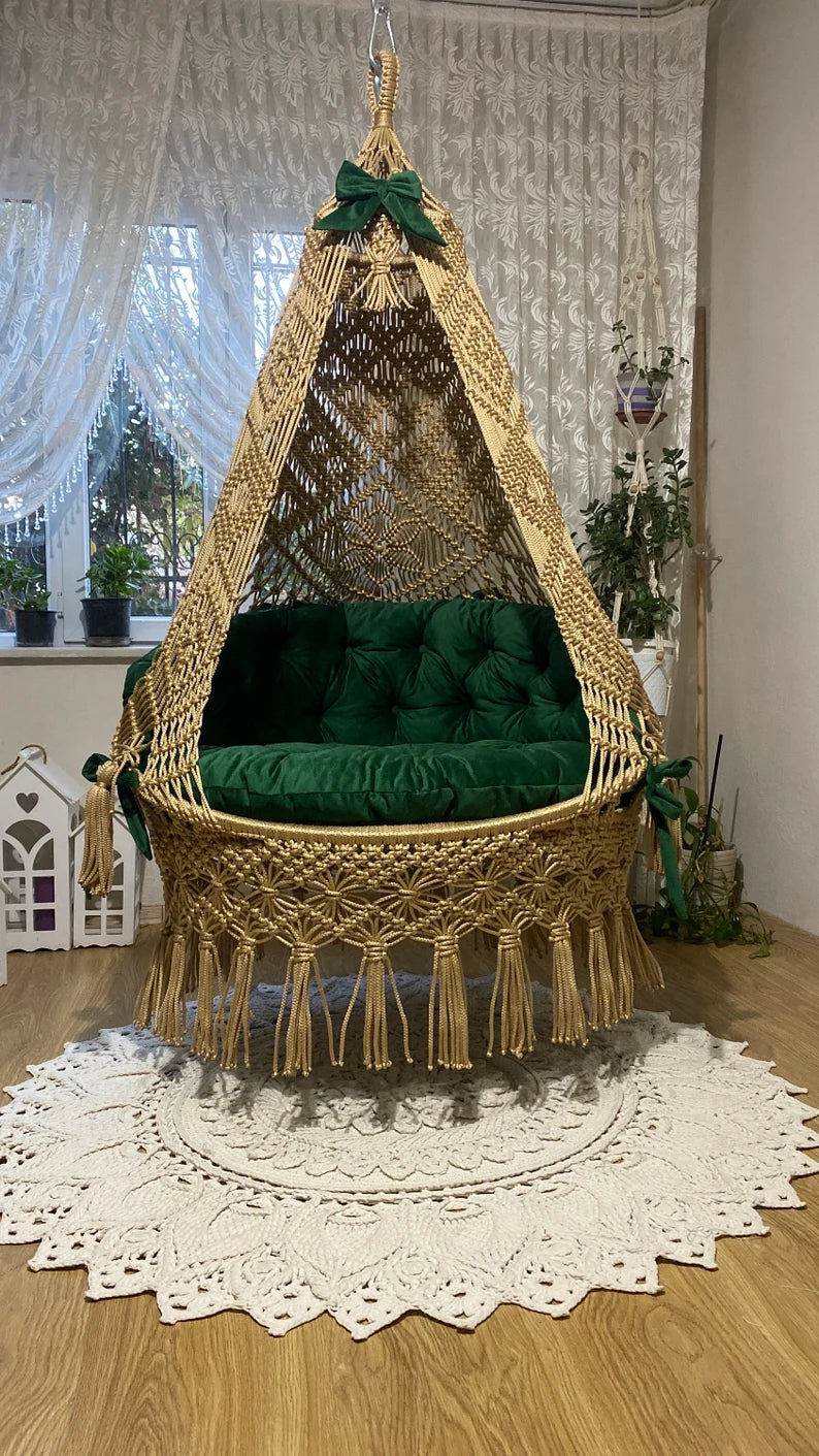 Beautiful Macrame Hanging Chair Bohemian Hanging Swing Chair Swing with Green Cushions