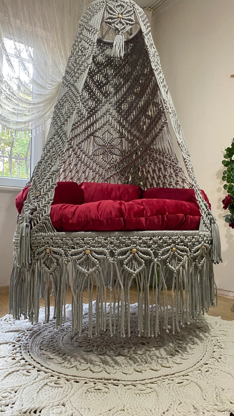 Handmade Macrame Swing Chair For Hanging Chair Macrame Swing With Red Cushion