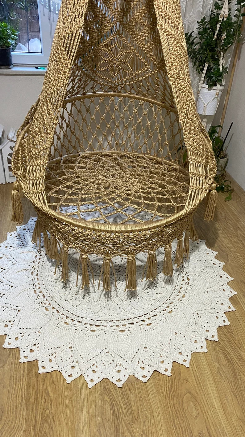 Beautiful Macrame Hanging Chair Bohemian Hanging Swing Chair Swing with Green Cushions