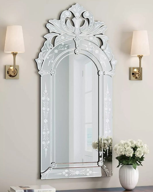 Crystal Beveled Venetian Wall Mirror | Antique Etched Glass Decorative Mirror | Large Vintage Style Home Decor for Classic & Modern Rooms