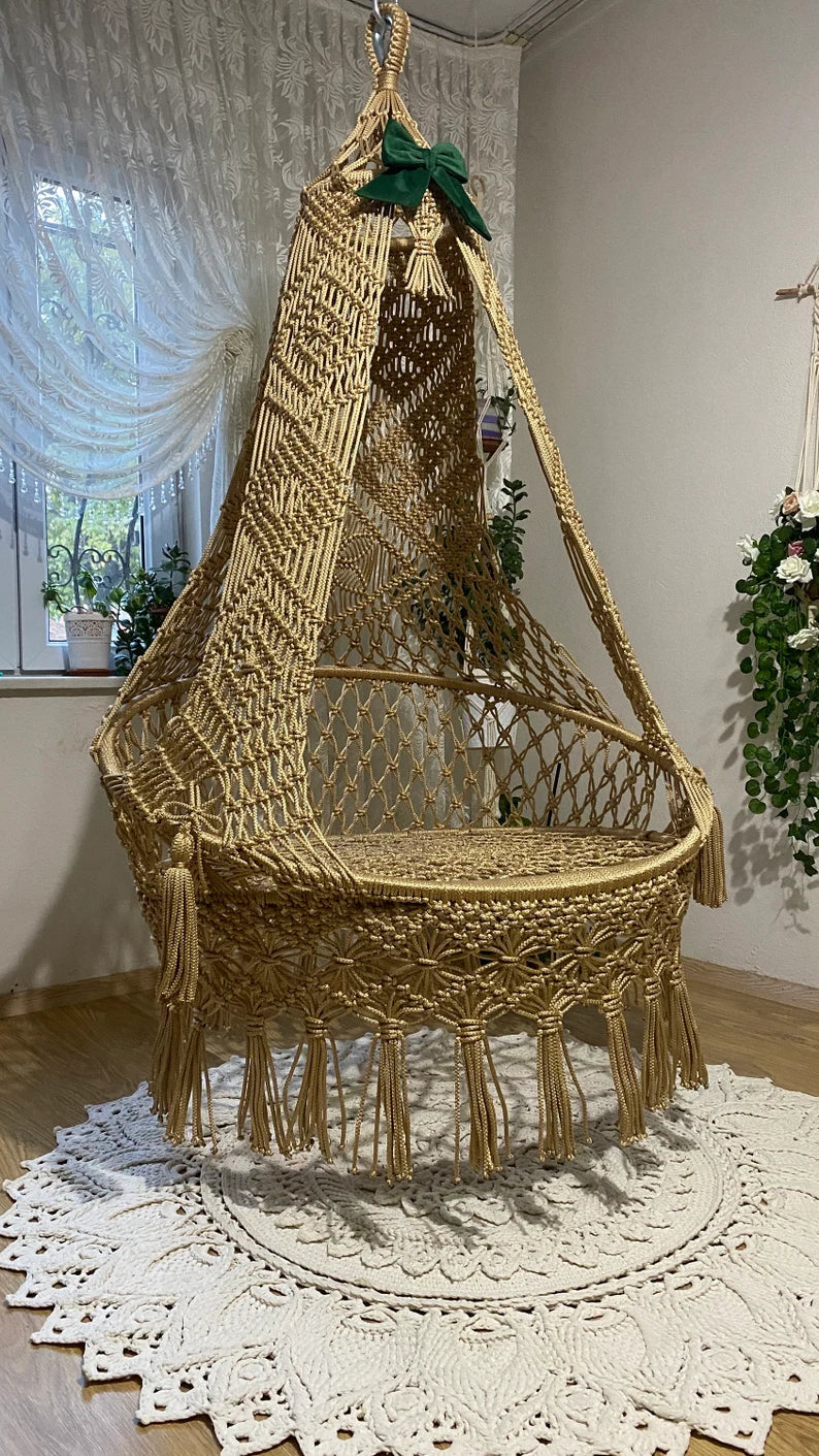 Beautiful Macrame Hanging Chair Bohemian Hanging Swing Chair Swing with Green Cushions