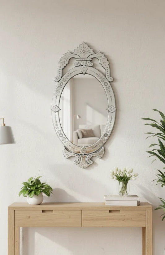 Venetian Wall Mirror – Ornate Etched & Beveled Glass Mirror for Cottagecore & Eclectic Living Room Decor