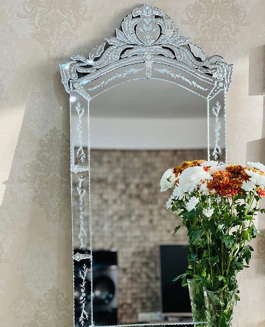 Large Venetian Beveled Glass Mirror with Intricate Engravings Style Beveled Mirror | Decorative Wall Mirror