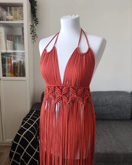 Red Dress, Macrame dress, Cotton Art