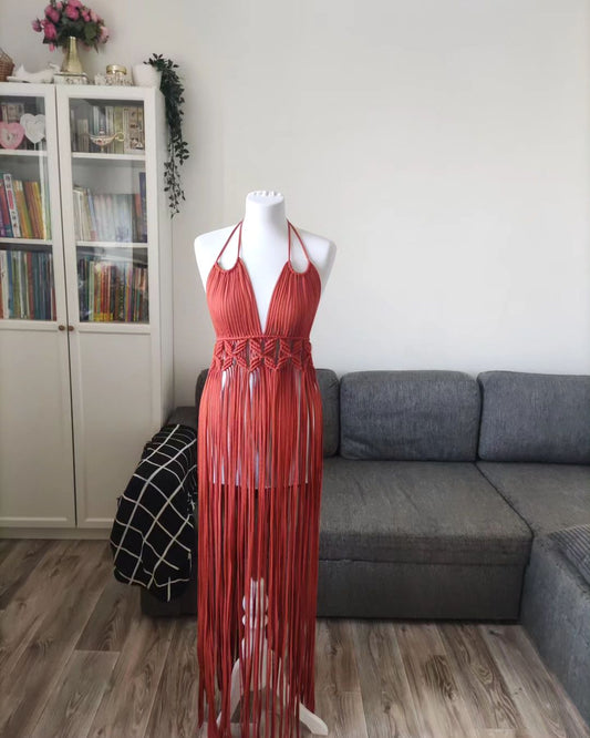Red Dress, Macrame dress, Cotton Art Boho Greek Goddess Dress: Wedding,Cotton High Slit,Summer