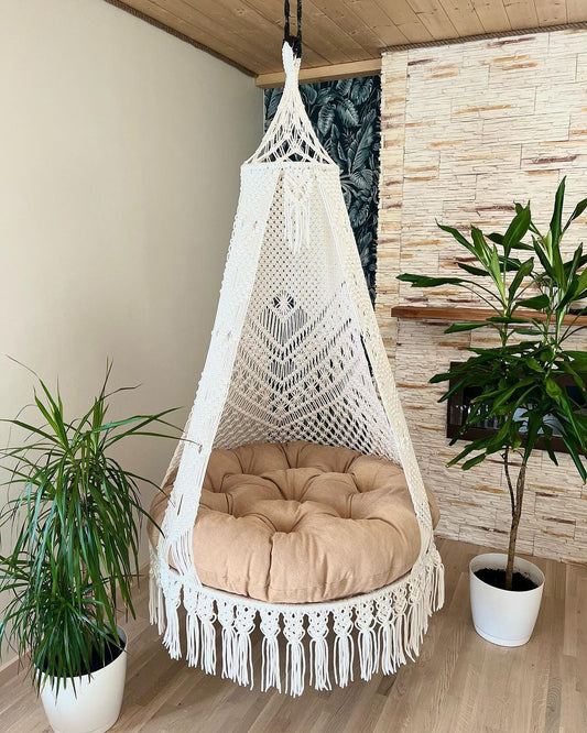 Natural Swing Chair, Macrame Swing Chair, Round Chair Porch rocking swing, Hammock Chair, Macrame Round Swing, Hanging Cotton Macrame Hammock Chair