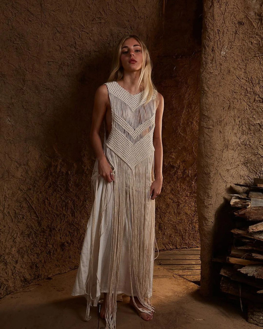ワンピース RUBATI Macrame Dress CREAM Shop the Desert Rose Crochet Tie-Up Back Maxi Dress White