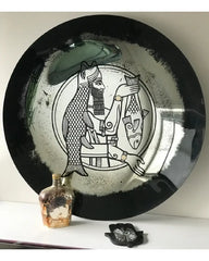 Concave Antique Wall Mirror with Mesopotamian Illustration