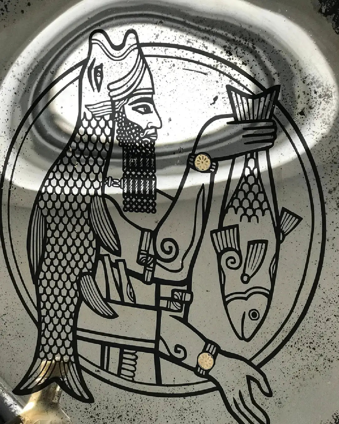 Concave Antique Wall Mirror with Mesopotamian Illustration