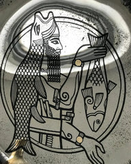 Concave Antique Wall Mirror with Mesopotamian Illustration