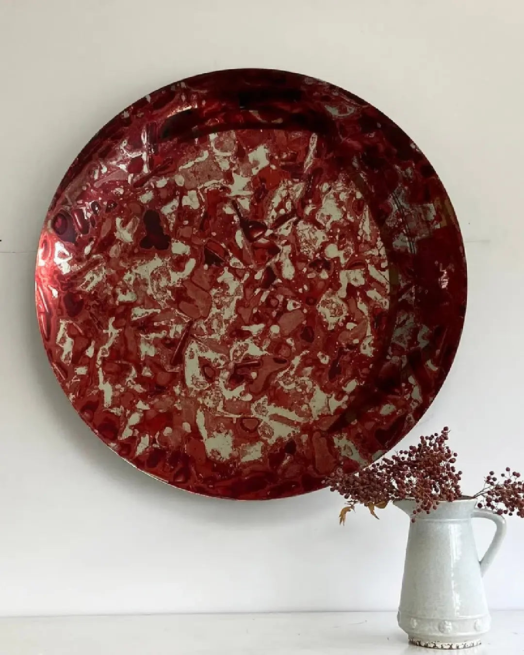 Concave Distressed Red Mirror